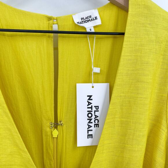 Place Nationale Daloa Linen Wrap-Front Embroidered Romper in Yellow Size 2 NWT - Picture 5 of 10